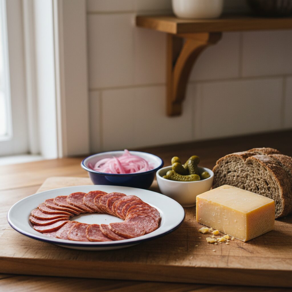 Barossa Mettwurst Board with Pickles — South Australia, Australia