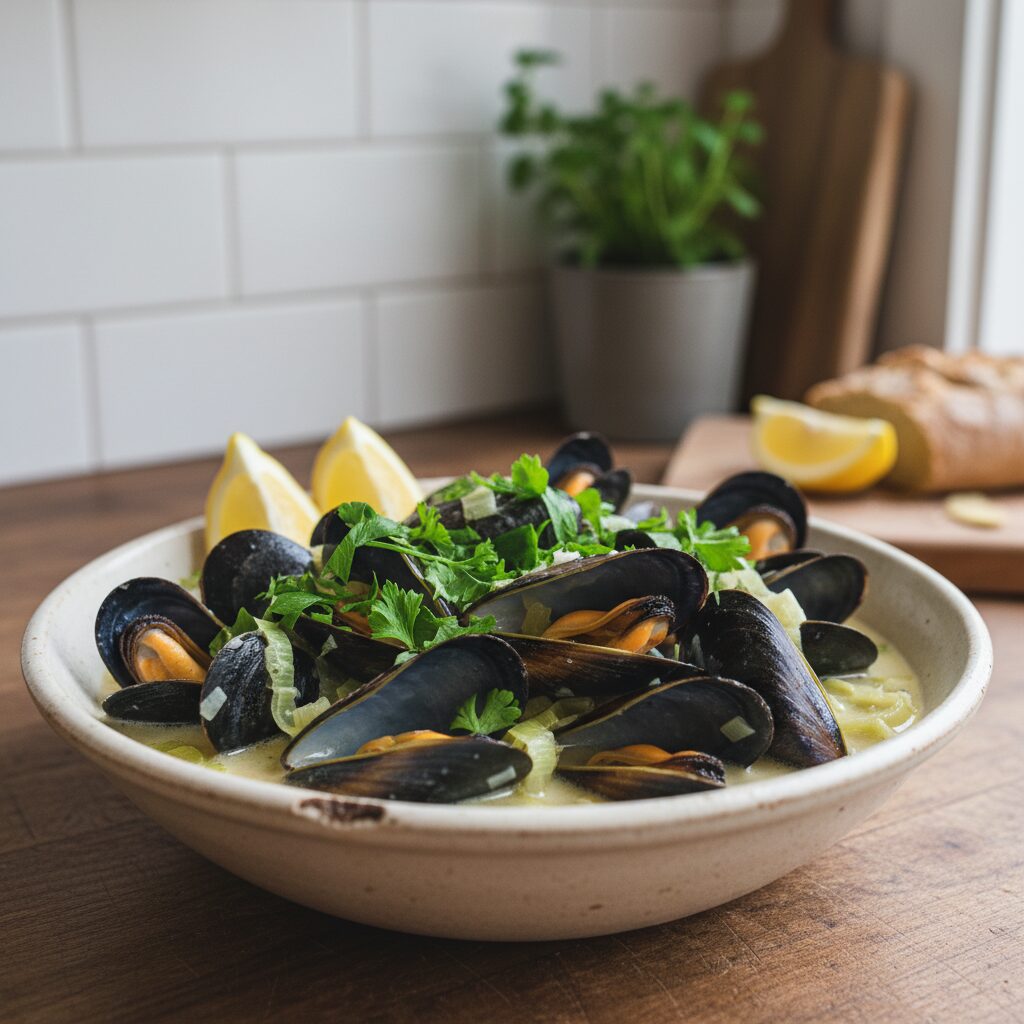 Mussels Steamed with Leek and Cream — Tasmania, Australia