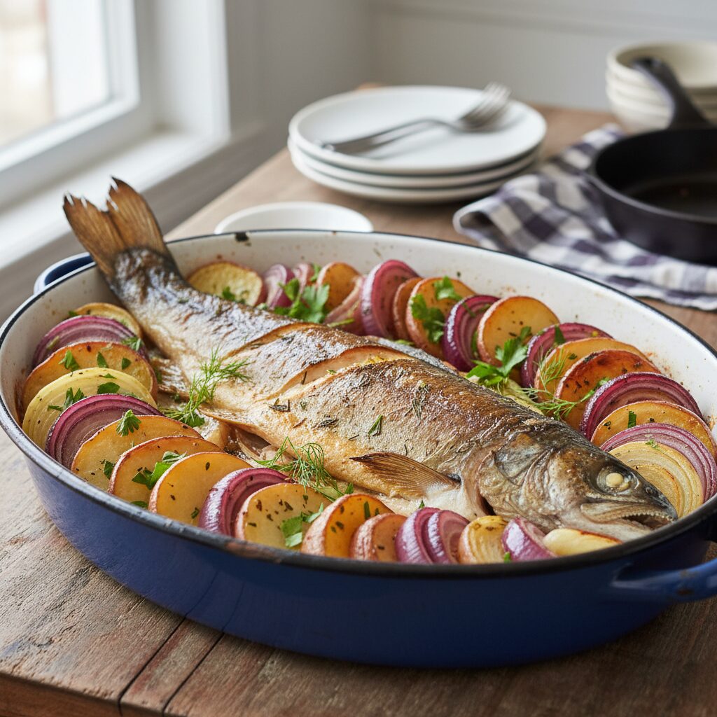 Baked Char with Potatoes and Onions — Newfoundland and Labrador, Canada