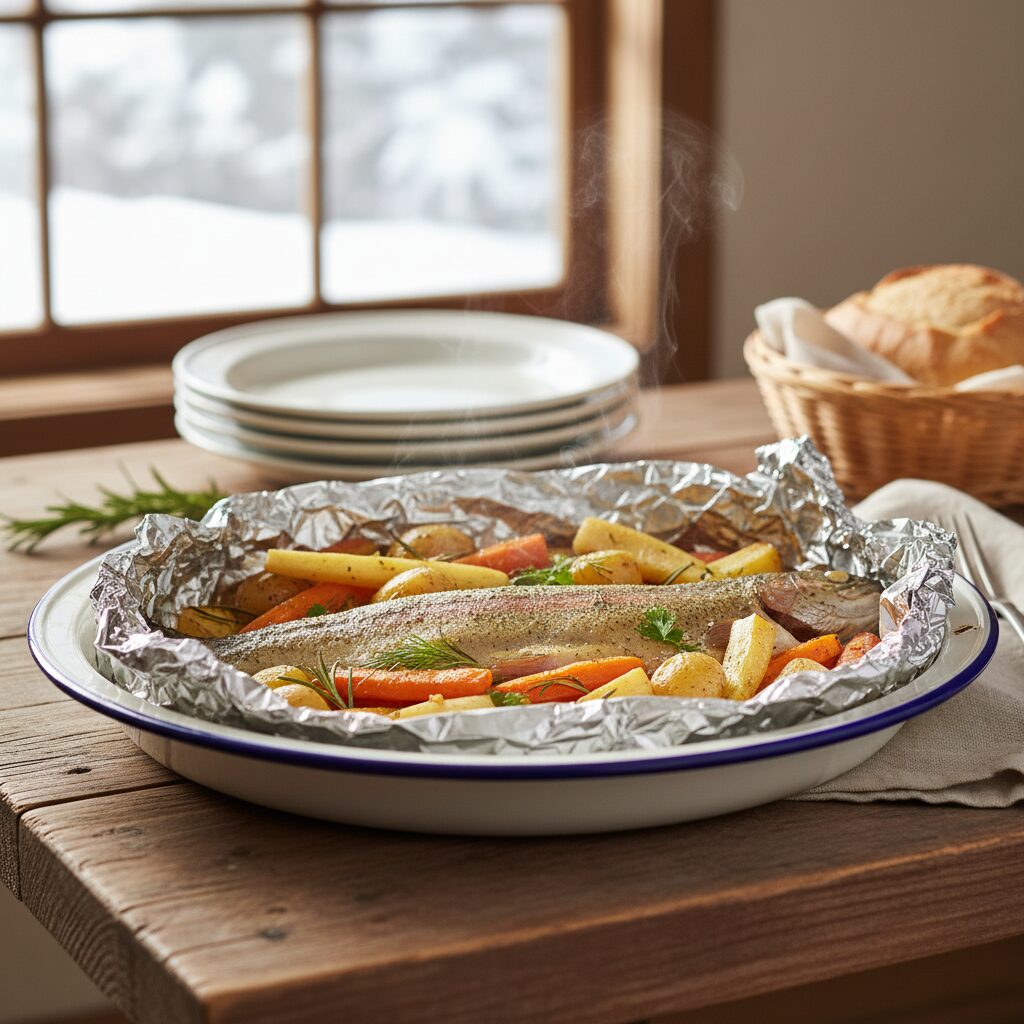 Trout Baked in Foil with Root Vegetables โ Yukon, Canada