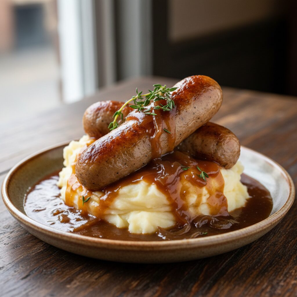 Suffolk Pork Sausages with Onion Gravy โ East of England, United Kingdom