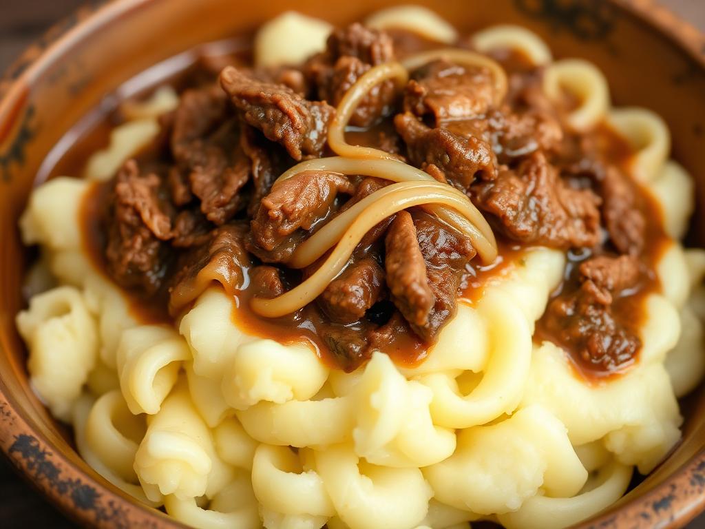 Iowa Beef and Noodles over Mashed Potatoes β Iowa, United States