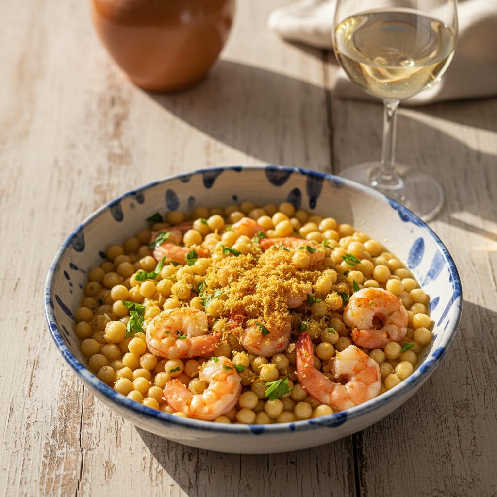 Fregola con Gamberi e Bottarga โ Sardinia, Italy