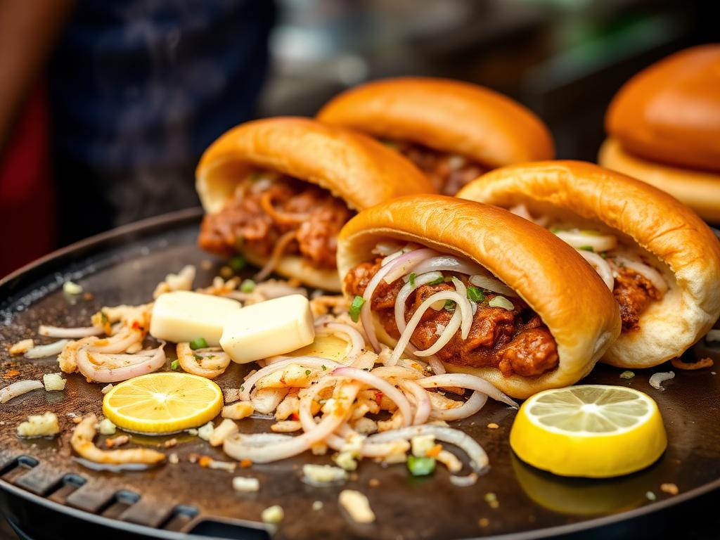 Street-style pav bhaji cooking on a hot griddle